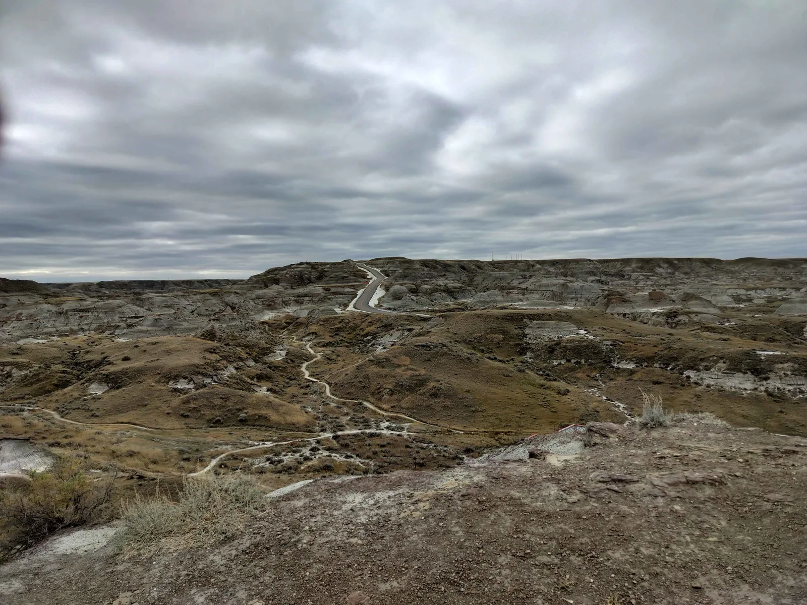 Eroded badlands hills at Dinosaur Provincial Park, with walking trails winding through them under a grey sky.