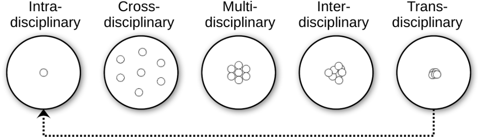 Diagram illustrating intradisciplinary, crossdisciplinary, multidisciplinary, interdisciplinary, and transdisciplinary research.