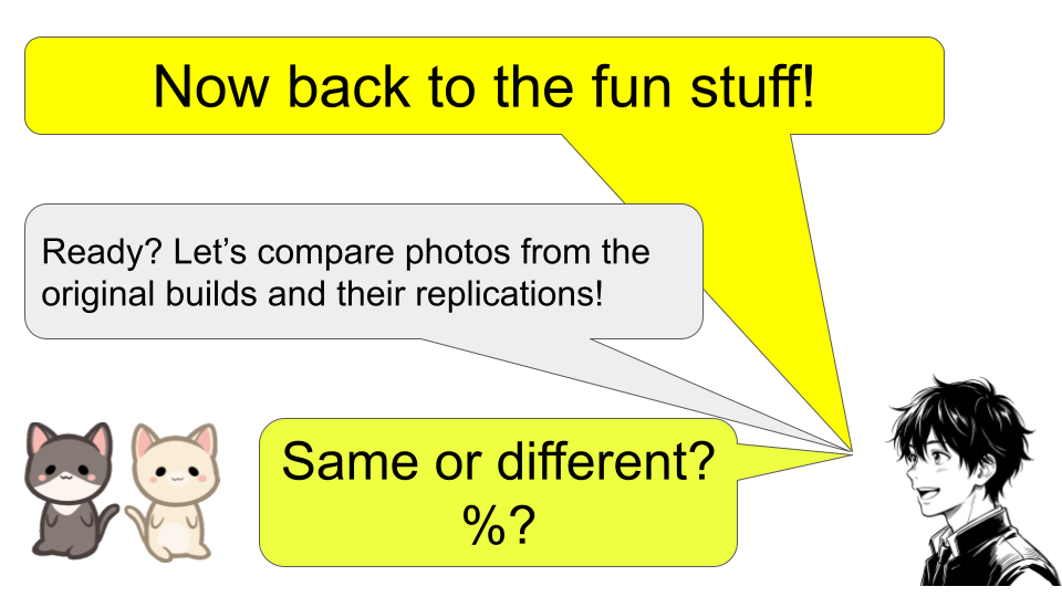 Slide prompting students to compare photos of the original builds and their replications, asking whether they are the same or different.