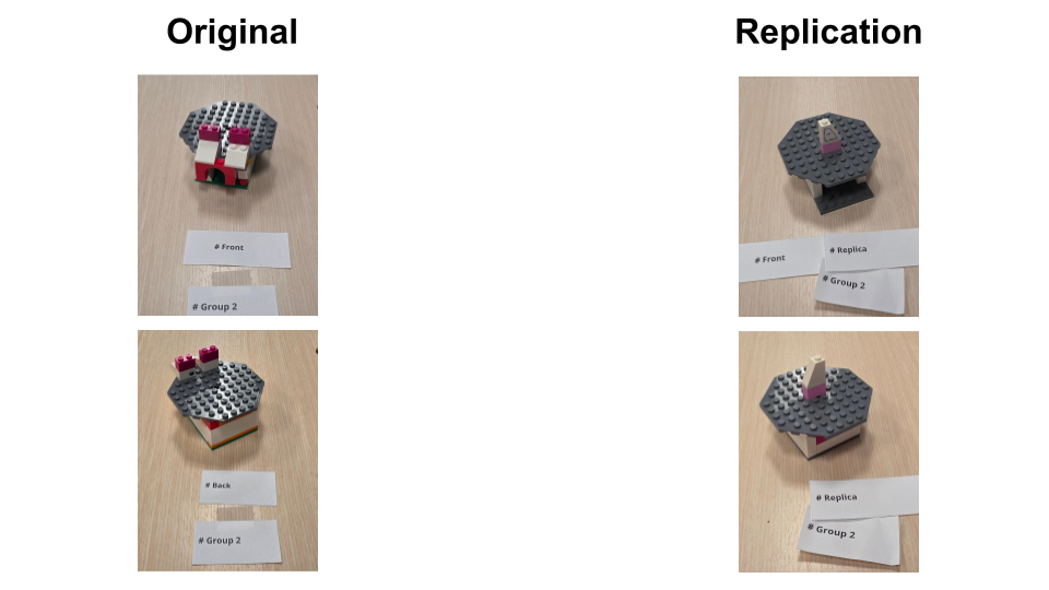 Side-by-side photos of an original LEGO model and a group's attempted replication, shown from the front and the back.