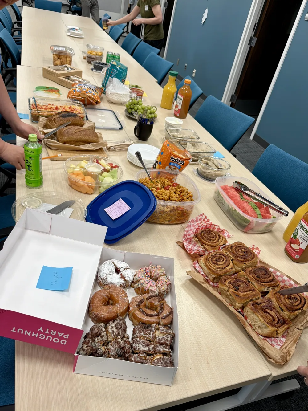 The shared potluck spread on the table.